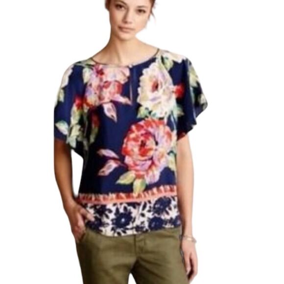 MAEVE ANTHROPOLOGIE Women's Gardenia Floral Silk Blouse Blue Size 4 - Picture 1 of 11